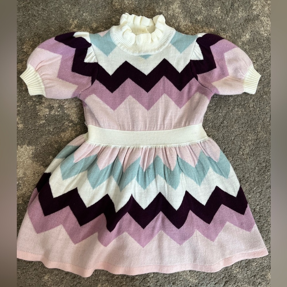 Janie and Jack Chevron Kids Sweater Dress - Purple, Pink, and White Size 3